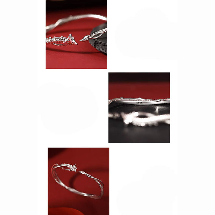 Bracelet manchette porte-bonheur en métal Buddha Stones en argent sterling 925 et motif année du dragon
