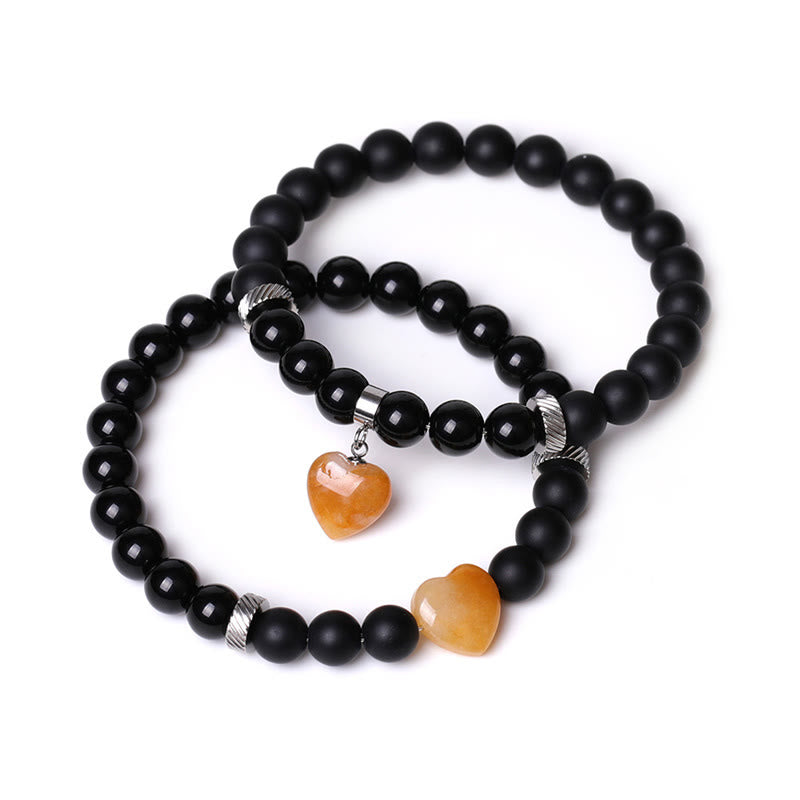 Bracelet de couple en pierre de cristal d'onyx noir Buddha Stones 2 pièces Protection du cœur d'amour