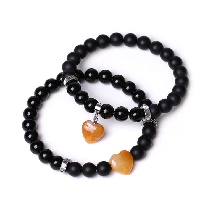 Bracelet de couple en pierre de cristal d'onyx noir Buddha Stones 2 pièces Protection du cœur d'amour