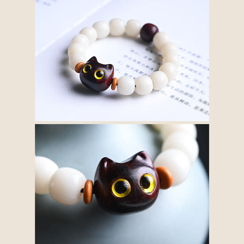 Bracelet de sagesse en Buddha Stones, graine de Bodhi naturelle, petite feuille, bois de santal rouge, bois d'ébène, joli chat porte-bonheur - image 8