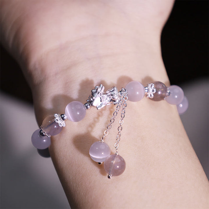 Bracelet de soutien PiXiu en pierre de lune œil de chat naturelle et quartz fraise de Buddha Stones
