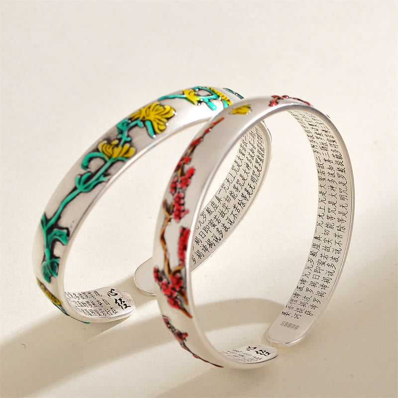 Bracelet manchette de guérison avec Buddha Stones , fleur de prunier, chrysanthème, motif de cœur Sutra