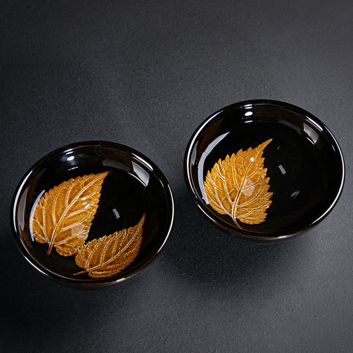 Tasse à thé en céramique chinoise Jianzhan avec feuilles d'érable dorées et Buddha Stones