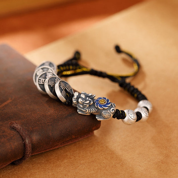 Bracelet tressé en argent sterling 999 Buddha Stones FengShui PiXiu et pièce de cuivre Fu Character Wealth