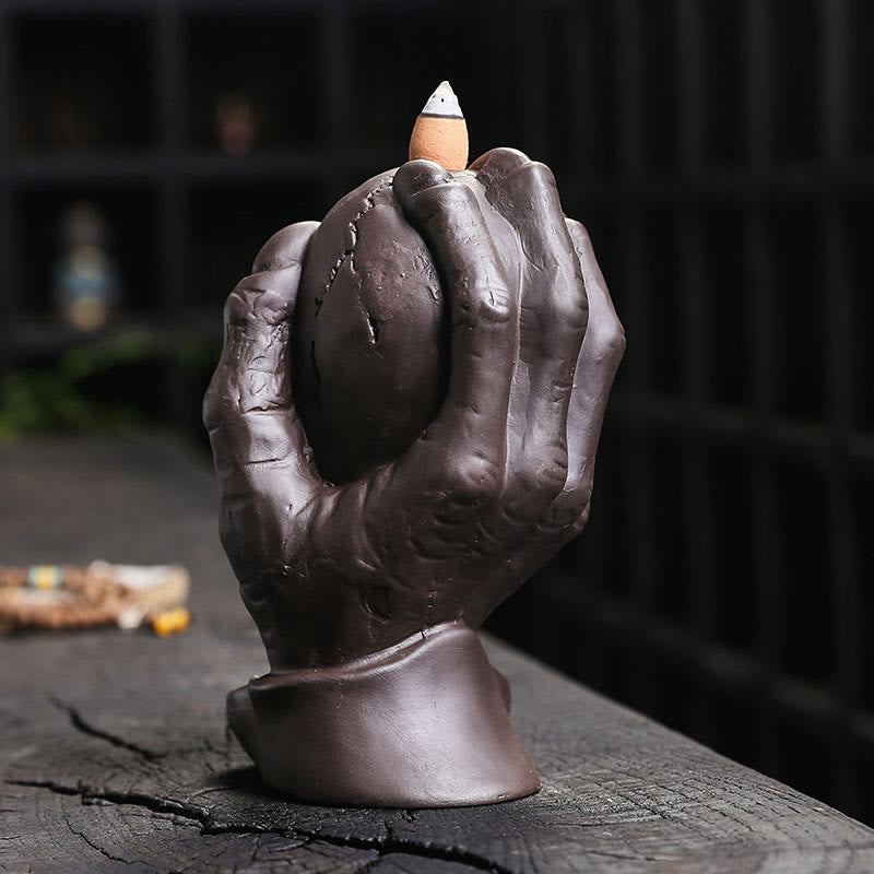 Brûleur d'encens spirituel en argile violette avec tête de mort et main fantôme en Buddha Stones