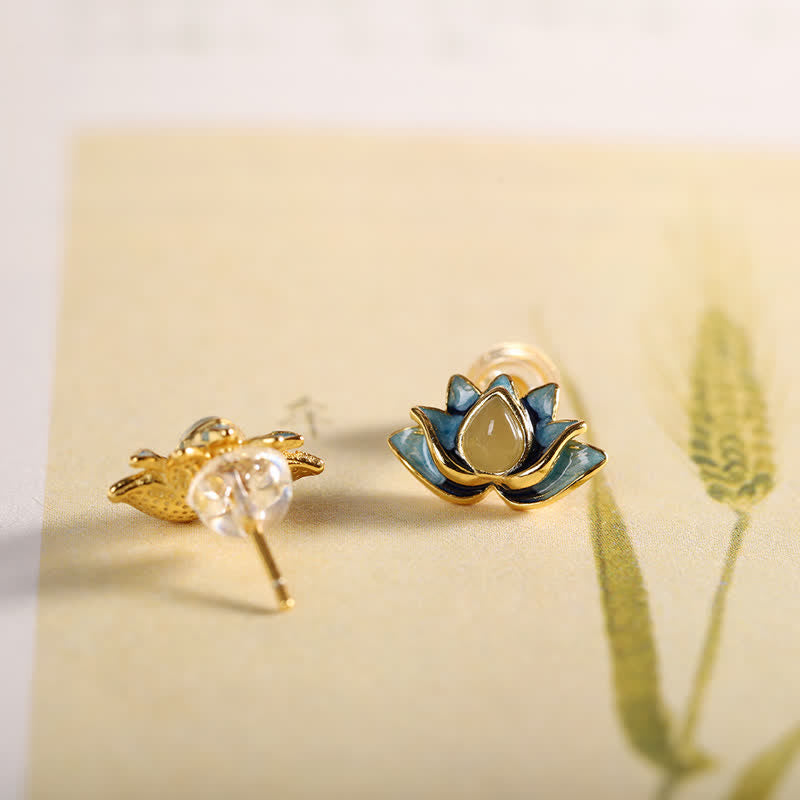 Boucles d'oreilles en argent sterling 925 avec fleur de lotus en jade cyan Hetian