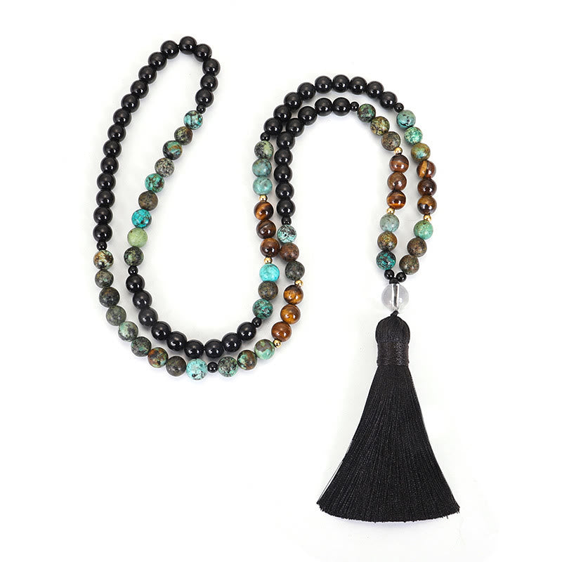 Collier Bracelet Mala 108 Perles Pierre Naturelle Oeil de Tigre Turquoise Protection Force Buddha Stones