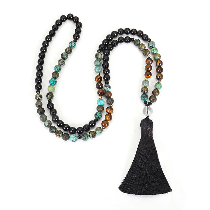 Collier Bracelet Mala 108 Perles Pierre Naturelle Oeil de Tigre Turquoise Protection Force Buddha Stones