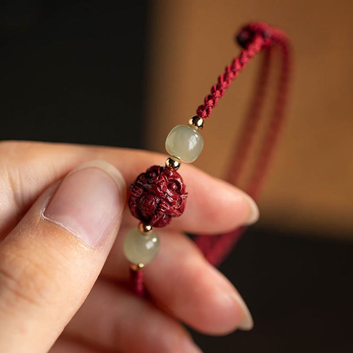 Bracelet en corde porte-bonheur en jade Hetian Buddha Stones et cinabre naturel, signe du zodiaque chinois