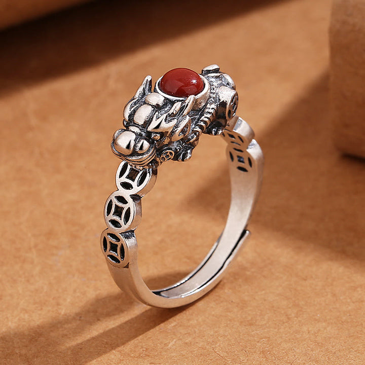 Buddha Stones PiXiu Pièce de monnaie en cuivre Agate rouge Bague de la richesse et de la chance
