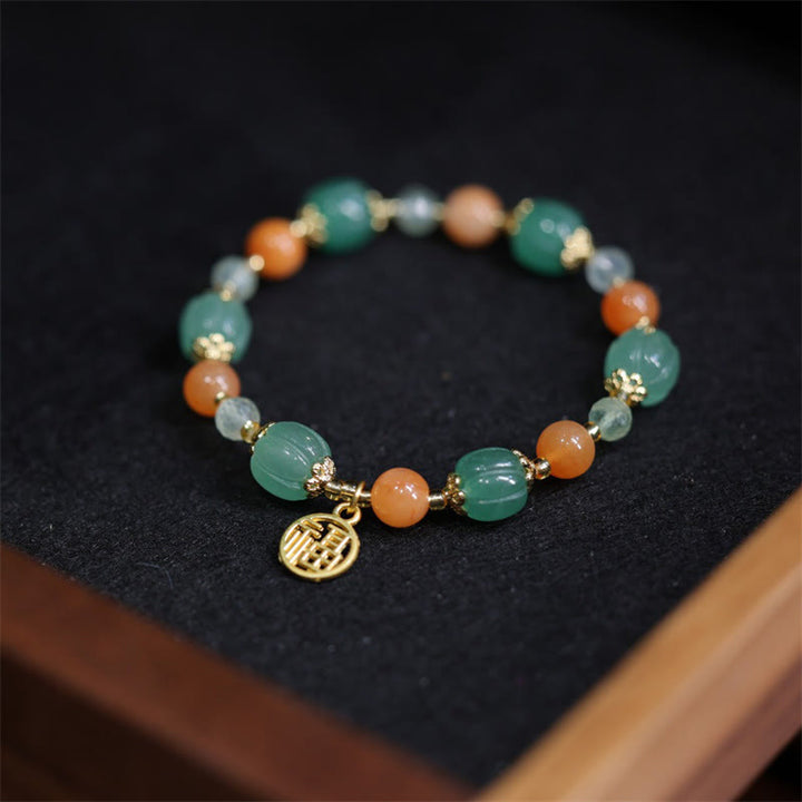 Bracelet de richesse avec breloque en jade et soie Buddha Stones naturelle en forme de citrouille et de caractère Fu