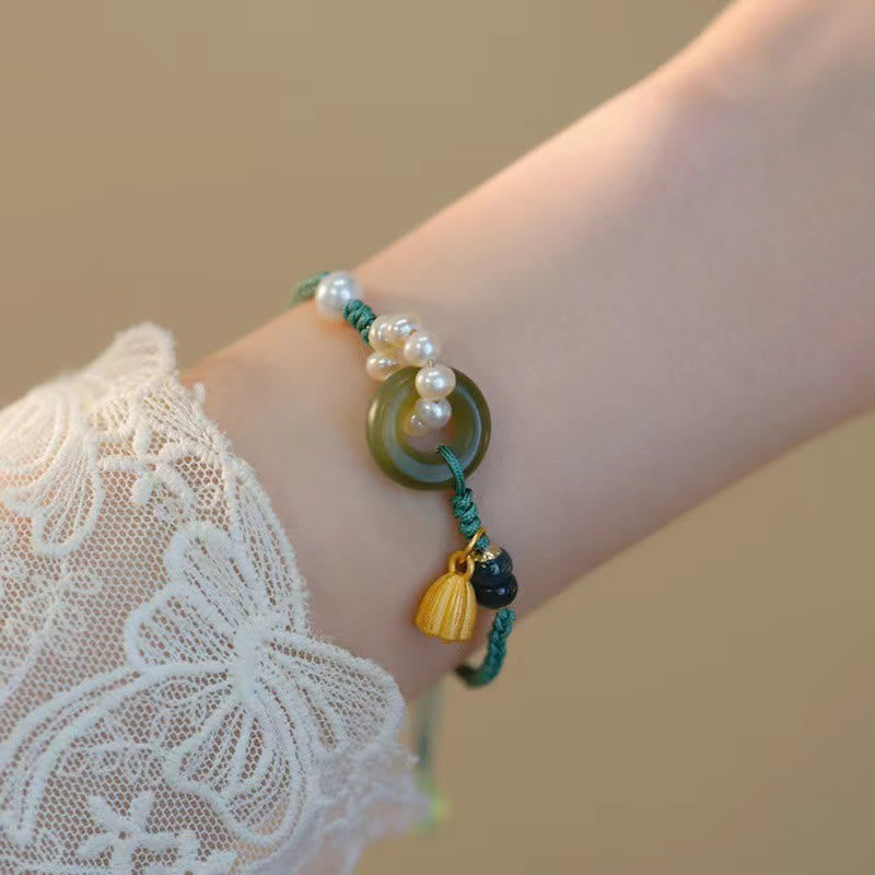 Bracelet tressé artisanal en Buddha Stones Hetian naturel avec boucle de paix et perles de chance