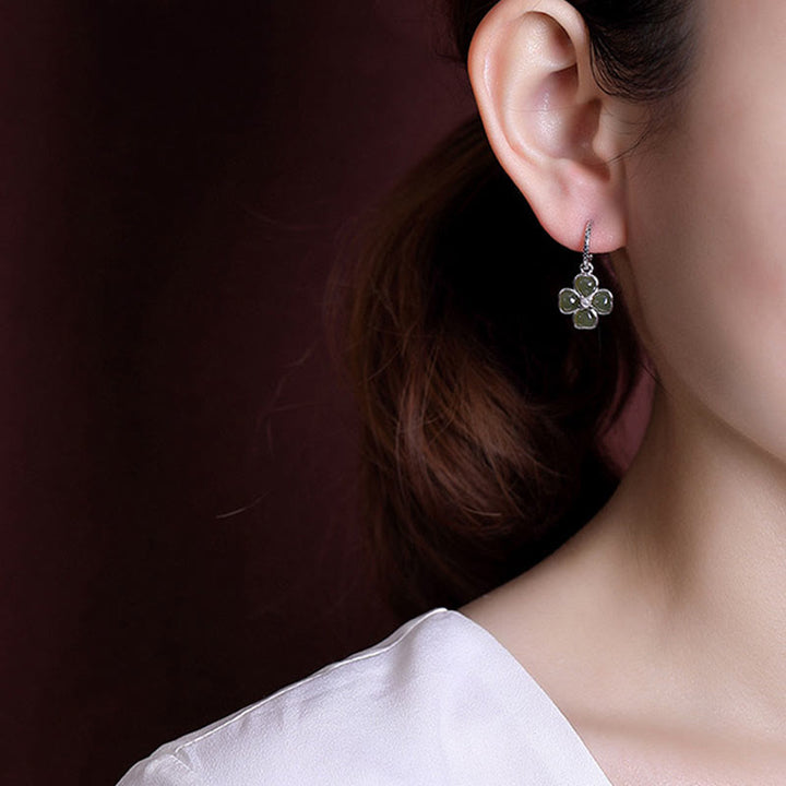 Boucles d'oreilles trèfle à quatre feuilles en argent sterling 925 et jade cyan naturel avec pierres de Buddha Stones