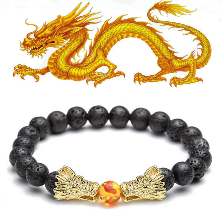 Bracelet de perles de bénédiction du dragon en pierre de lave turquoise blanche et Buddha Stones