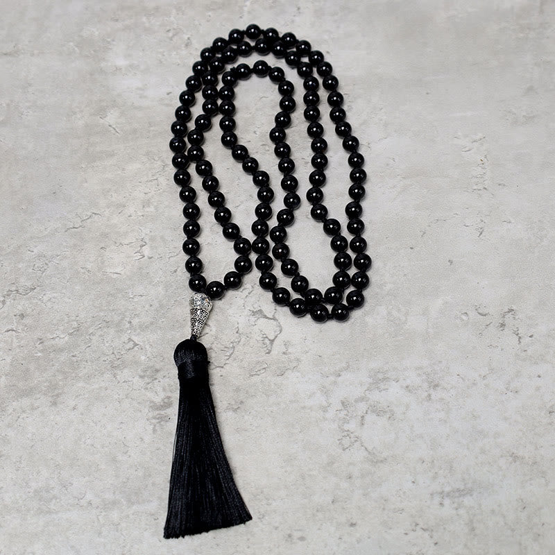 Collier de perles de prière de méditation de yoga en perles d'onyx noir de 108 Buddha Stones