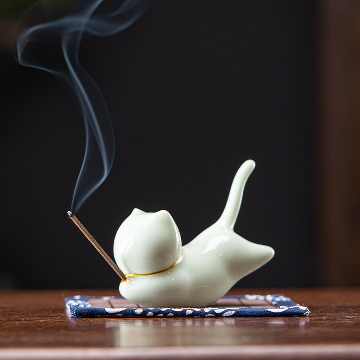 Brûleur d'encens en céramique avec joli chat panda et bénédiction