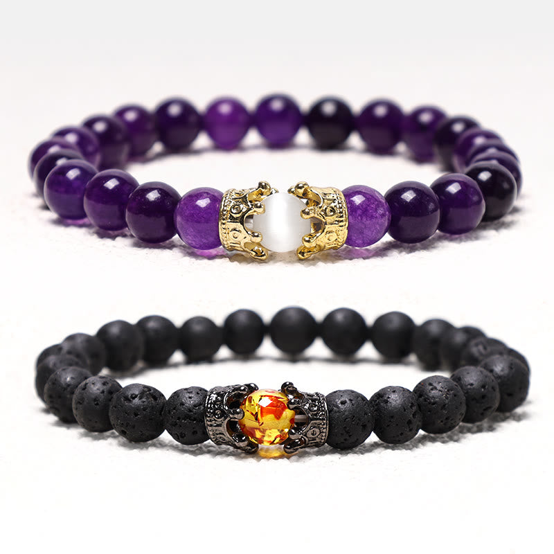 Bracelet couple en perles d'énergie de guérison avec couronne roi et reine en Buddha Stones