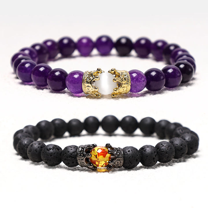 Bracelet couple en perles d'énergie de guérison avec couronne roi et reine en Buddha Stones