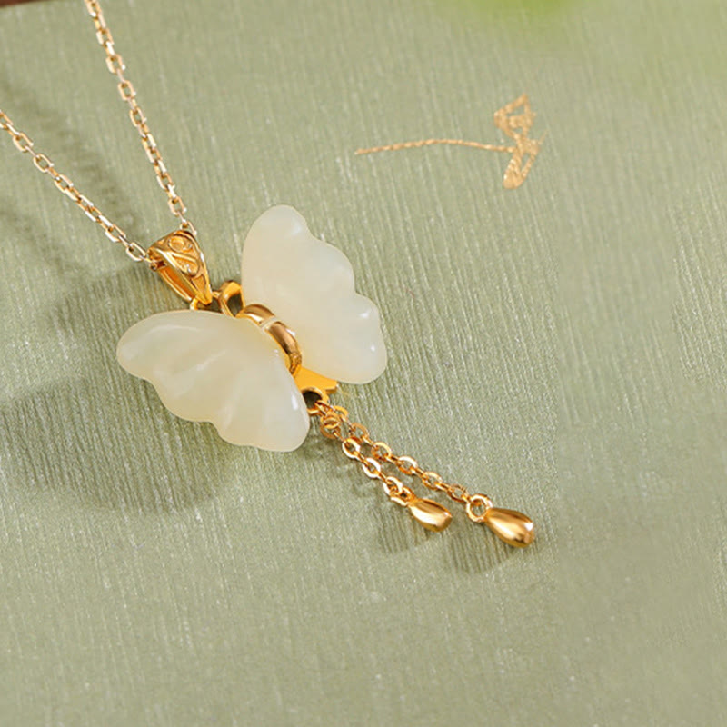 Collier pendentif bénédiction papillon en jade blanc Hetian plaqué or en argent sterling 925 Buddha Stones