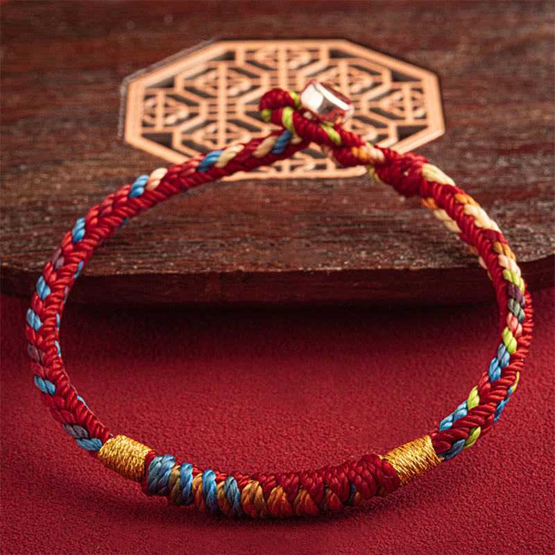 Bracelet multicolore Buddha Stones « Que l'année à venir soit une année de sécurité et de chance » - Fil doré à cinq couleurs - 19 cm - Boucle en argent 925 - image 8