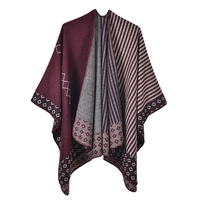 Châle tibétain à rayures et motifs de diamants avec Buddha Stones , écharpe douce et chaude pour l'hiver - Gris rouge foncé - image 22