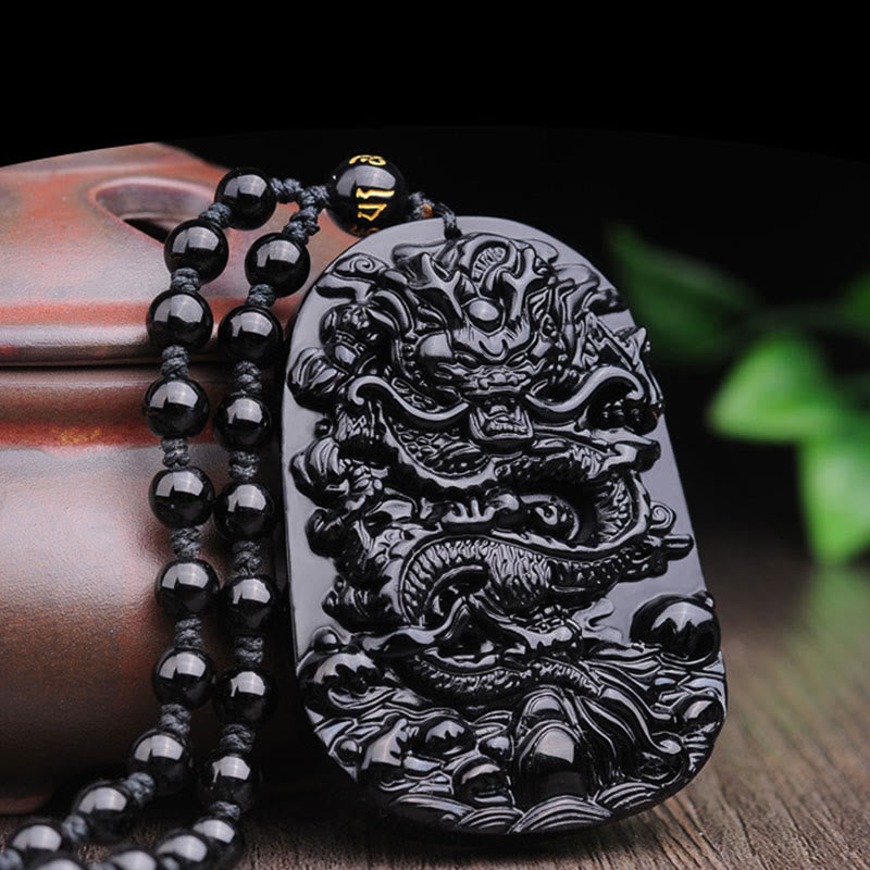 Collier avec pendentif en obsidienne noire représentant un dragon accompli et des Buddha Stones - image 7