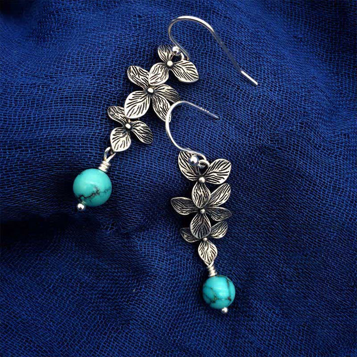 Boucles d'oreilles pendantes en argent sterling 925 avec Buddha Stones , turquoise, lazurite et lapis-lazuli, motif fleur et feuille, symbole de sérénité et de protection. - image 7