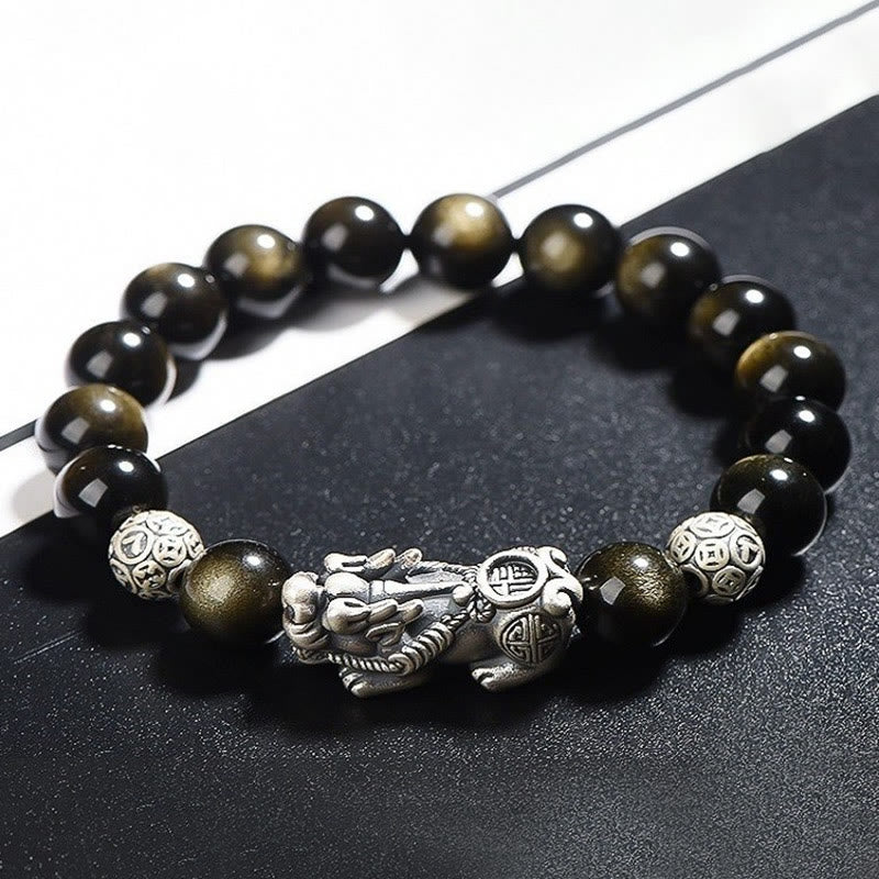 Bracelet de protection de richesse PiXiu en obsidienne naturelle dorée et argent sterling 925 Buddha Stones