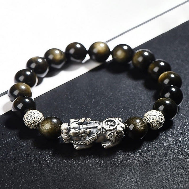 Bracelet de protection de richesse PiXiu en obsidienne naturelle dorée et argent sterling 925 Buddha Stones