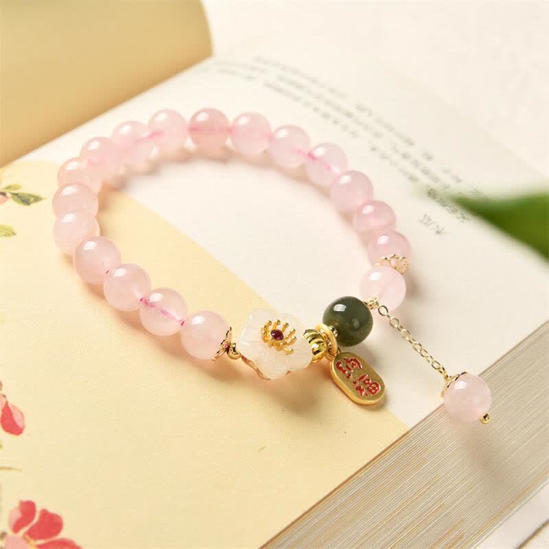 Bracelet d'amour chaleureux en cristal rose naturel avec fleur de jade et Buddha Stones