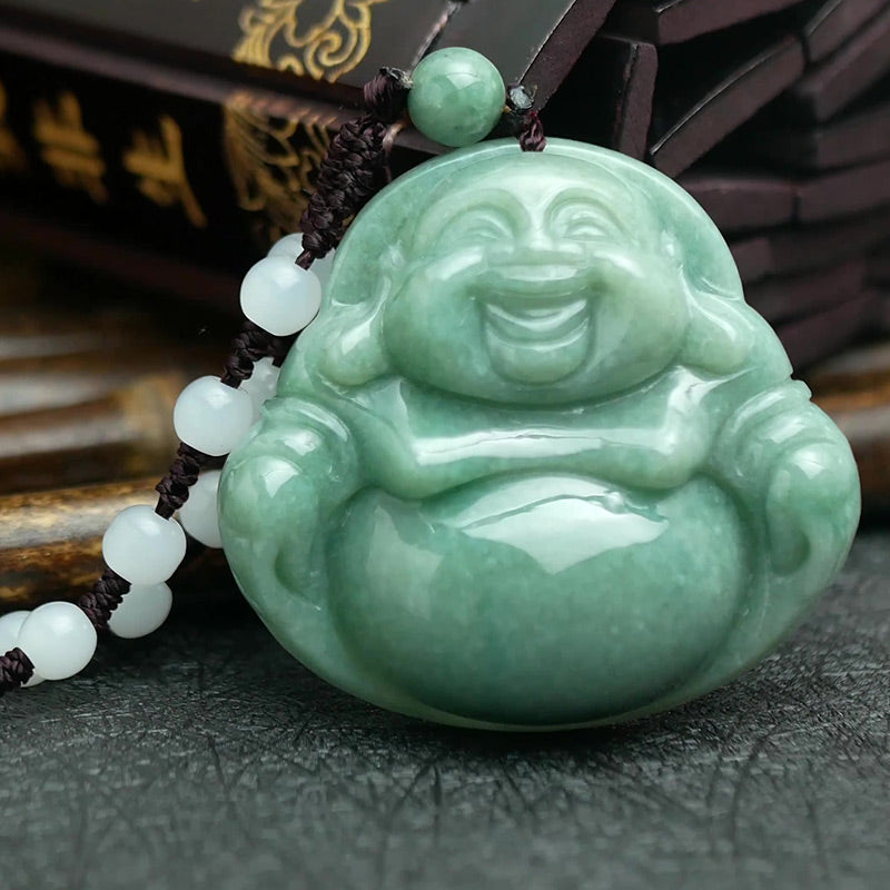 Collier avec pendentif en perles de jade cyan et Bouddha rieur - image 2