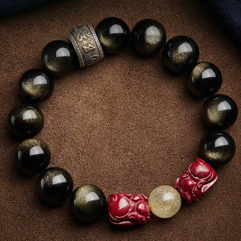 Bracelet de protection en Buddha Stones dorée et brillante PiXiu Cinabre Om Mani Padme Hum