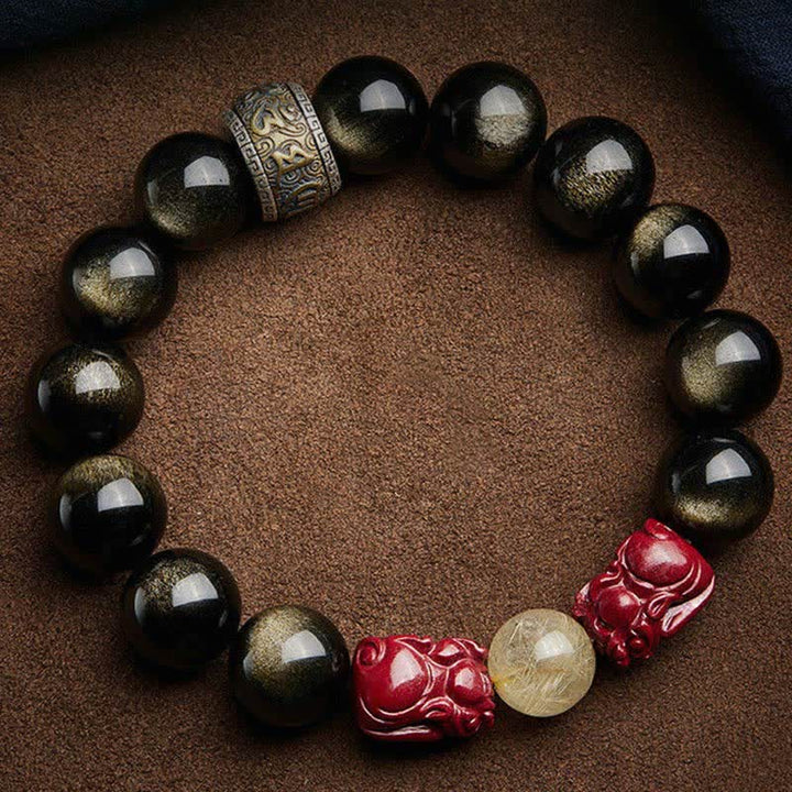 Bracelet de protection en Buddha Stones dorée et brillante PiXiu Cinabre Om Mani Padme Hum
