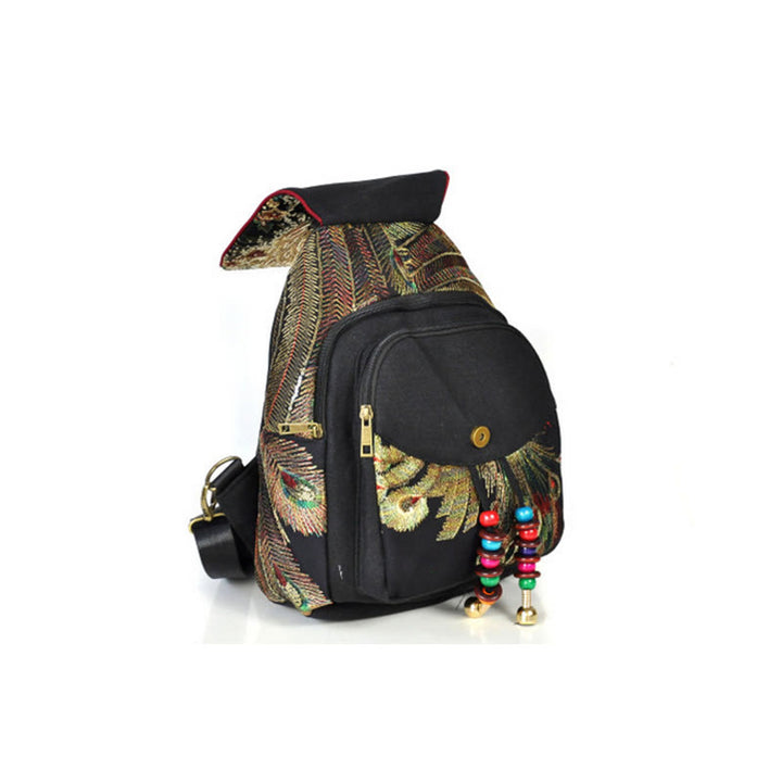 Sac à dos à pompons en toile avec broderies de paon et Buddha Stones