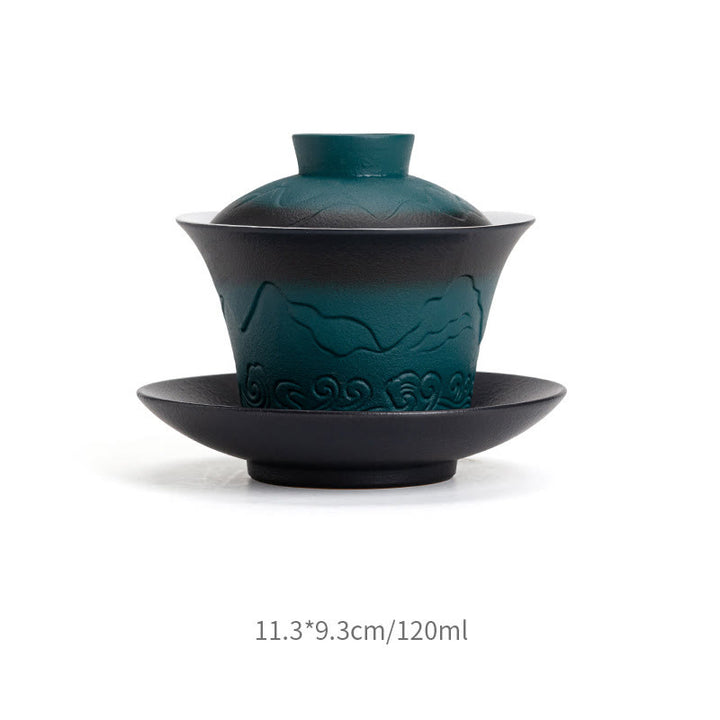 Tasse à thé et soucoupe en céramique avec couvercle en Buddha Stones, style rétro, bleu océan, vagues de la mer, dégradé, Gaiwan, Sancai