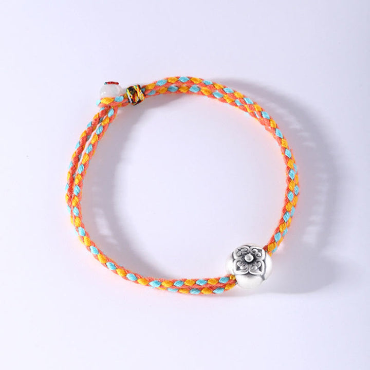 Bracelet tressé multicolore en argent sterling 999 avec pierre porte-bonheur Kaki de Buddha Stones