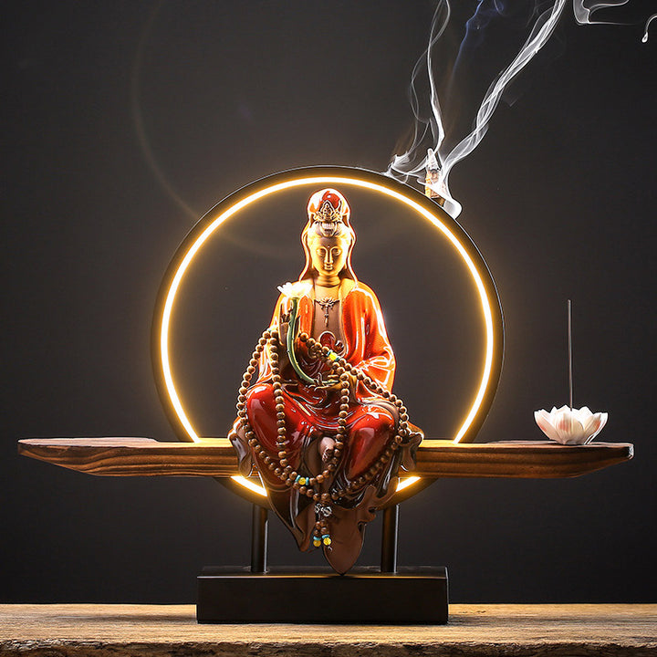 Buddha Stones Bouddha Avalokitesvara Céramique Lotus Relaxation Brûleur d'encens Décoration - Lotus Avalokitesvara Rouge - image 2