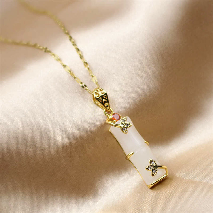 Collier pendentif protection chanceuse en bambou et jade blanc et jade cyan Buddha Stones