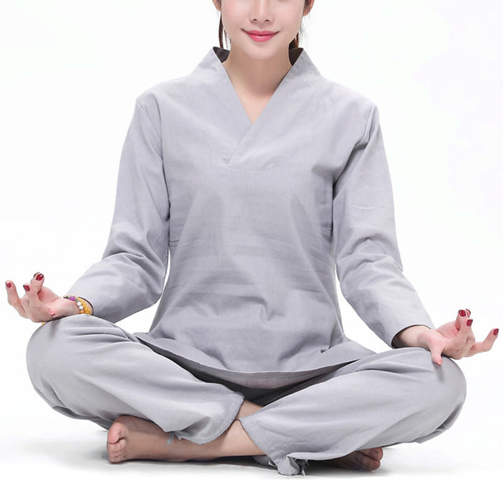 Ensemble de vêtements pour femmes en coton et lin avec Buddha Stones, pratique zen, yoga, méditation, prière, col en V