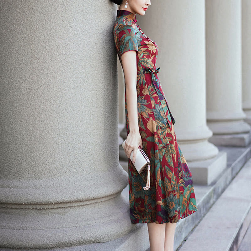 Robe Qipao en soie avec Buddha Stones, motif rétro de feuilles de fleurs, robe cheongsam pour femme