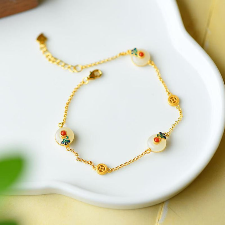 Bracelet porte-bonheur en cuivre et jade blanc avec boucle de paix et Buddha Stones