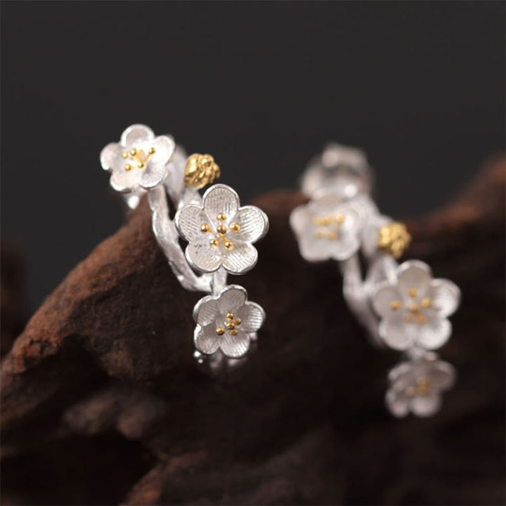 Boucles d'oreilles en argent sterling 925 Buddha Stones et fleurs de prunier