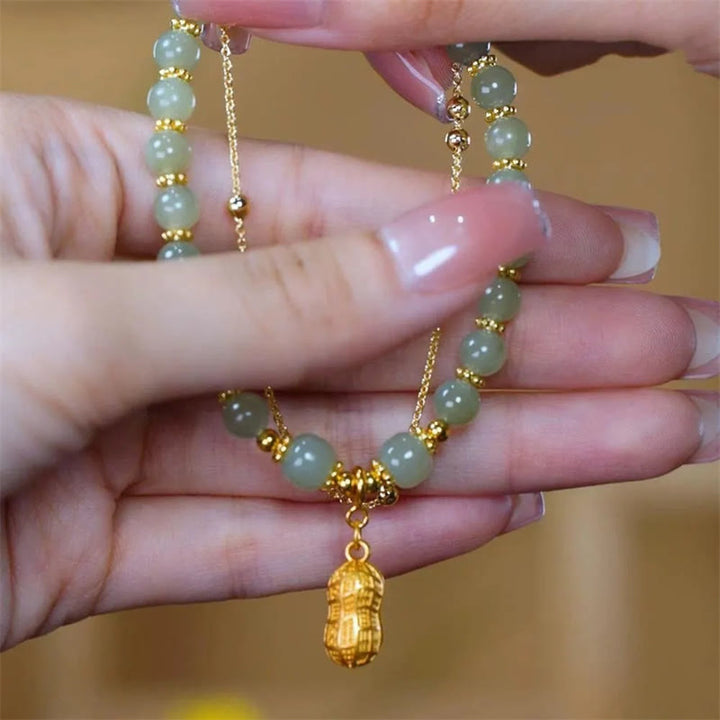 Bracelet de perles porte-bonheur en Buddha Stones, feuille de jade, ginkgo, tulipe, arachide, personnage Fu