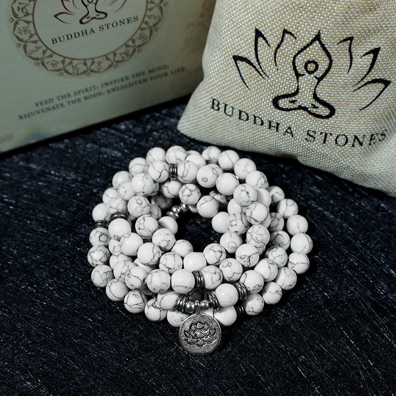 Bracelet Mala de guérison en Buddha Stones et lotus blanc turquoise