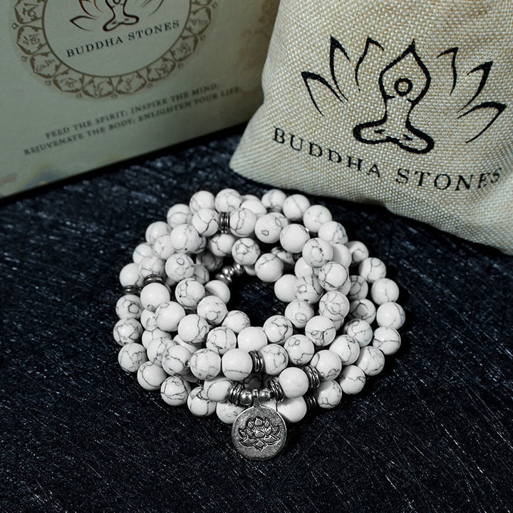 Bracelet Mala de guérison en Buddha Stones et lotus blanc turquoise
