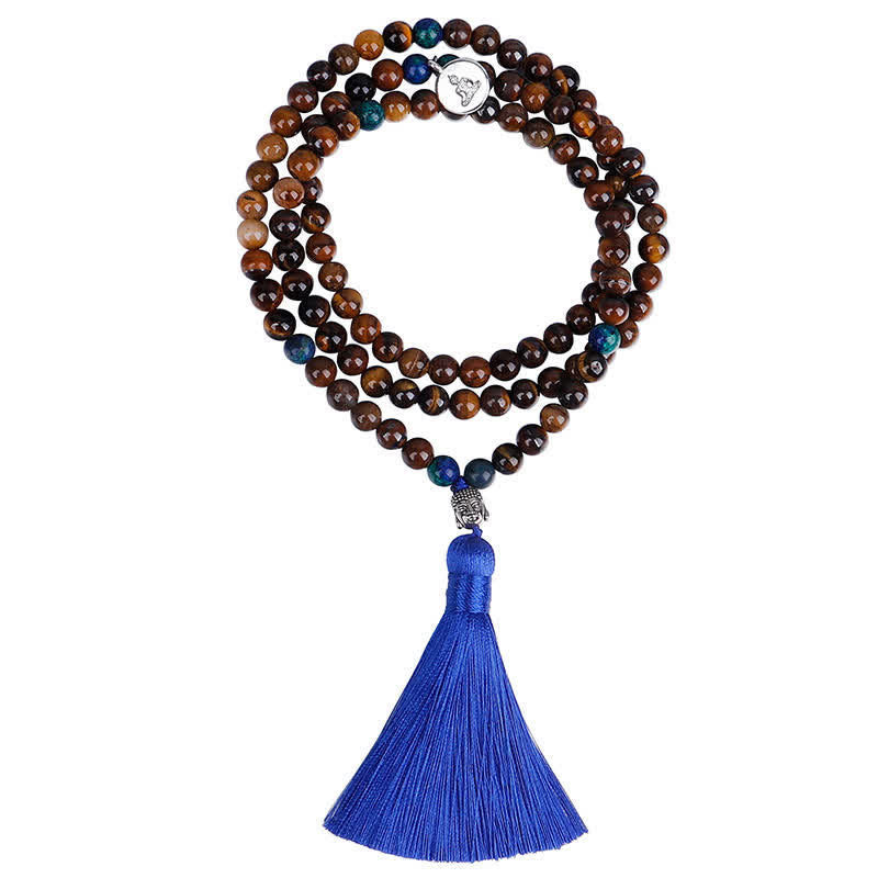 Bracelet Mala 108 Buddha Stones avec œil de tigre et pendentif en forme de pompon