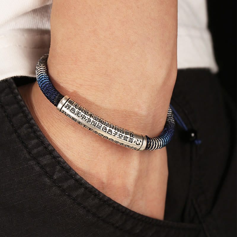 Bracelet tressé fait main en argent sterling 999 Buddha Stones et cœur Sutra Calme
