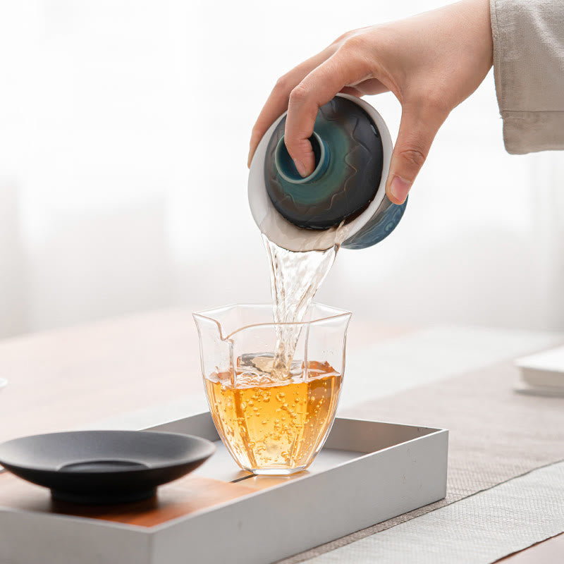 Tasse à thé et soucoupe en céramique avec couvercle en Buddha Stones, style rétro, bleu océan, vagues de la mer, dégradé, Gaiwan, Sancai