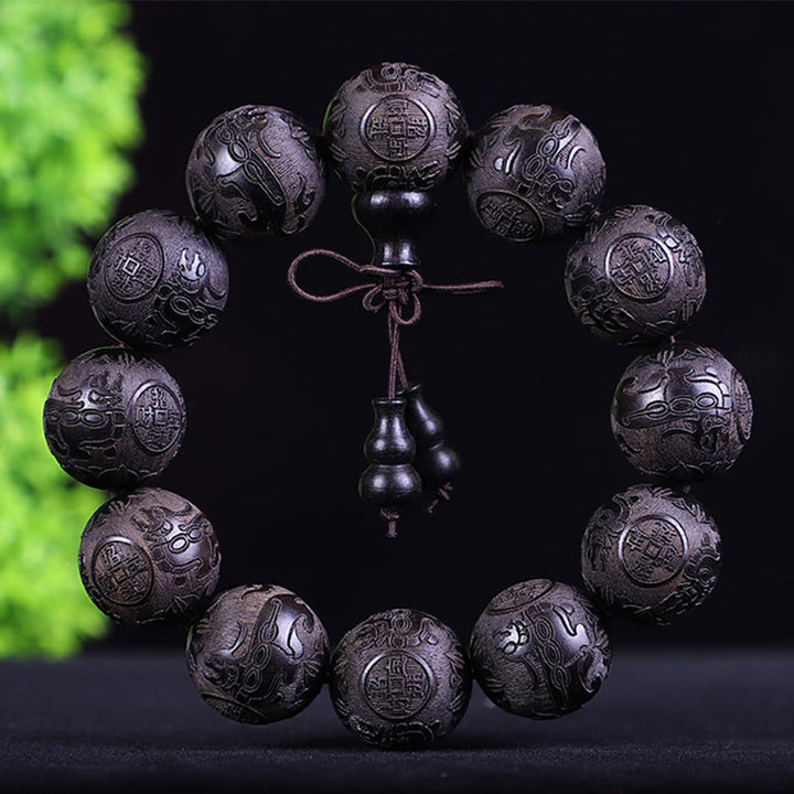 Bracelet de chaleur sculpté PiXiu en bois de rose, ébène, pièce de cuivre et Buddha Stones, signe du zodiaque chinois