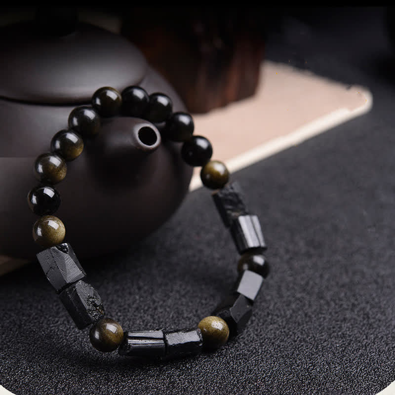 Bracelet de richesse en obsidienne et tourmaline noire avec Buddha Stones